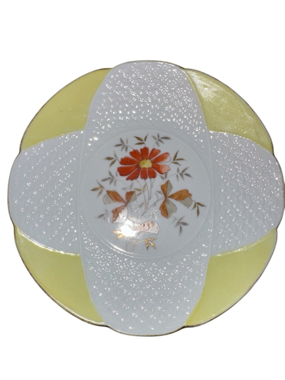 Vintage Yellow Rim Floral Plate Embossed Gold Edge Cottagecore